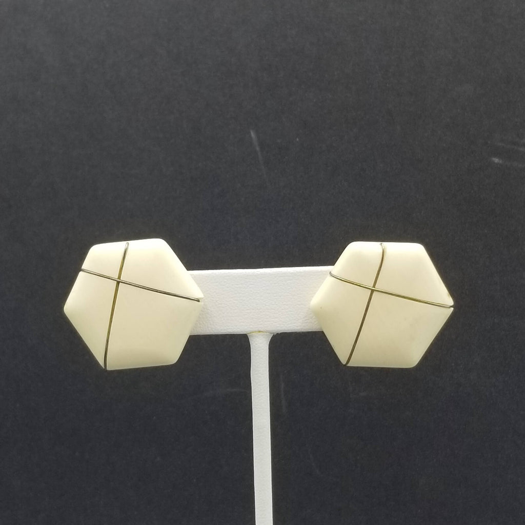 Vintage 1980's Pierced Earrings Cream Acrylic with Gold Line Hexagon Stud 1 1/4"