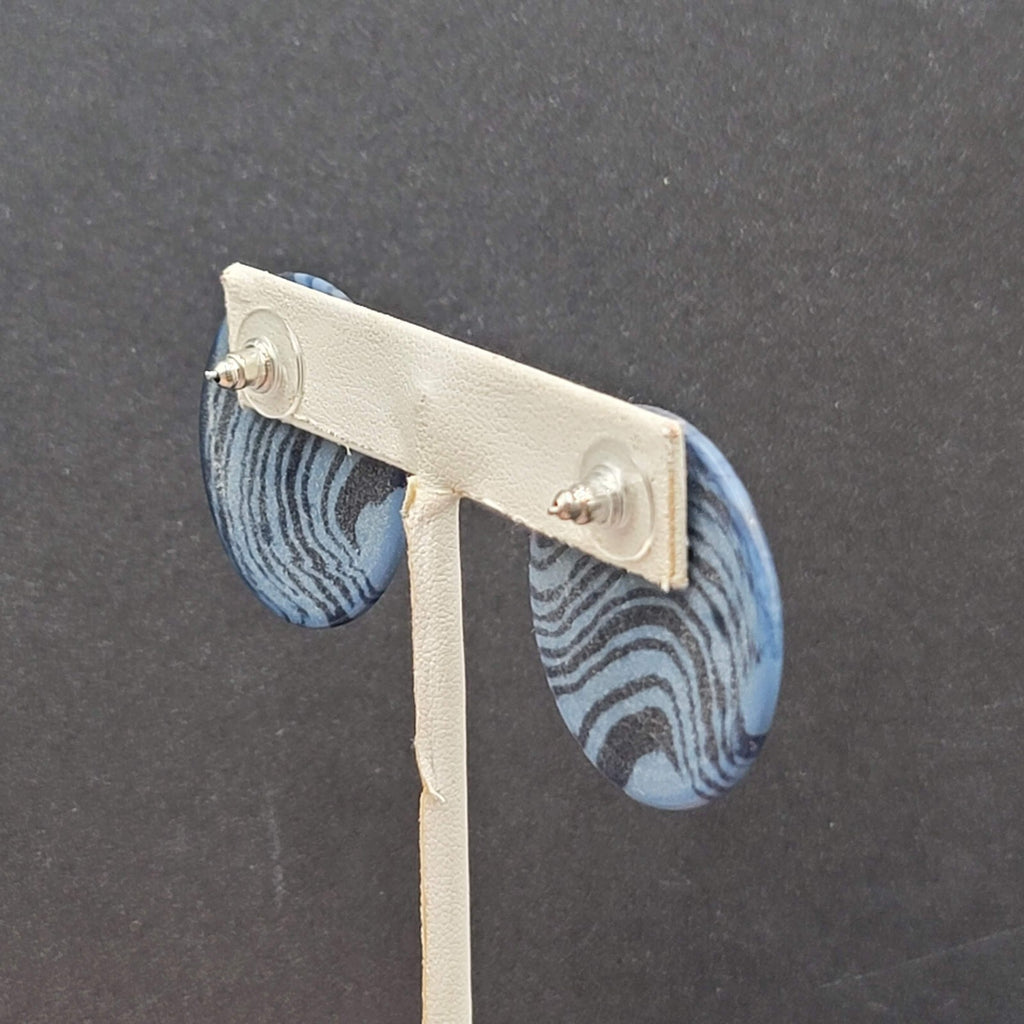 Vintage Pierced Earrings Blue Black Swirl Disc Drop 1.25"