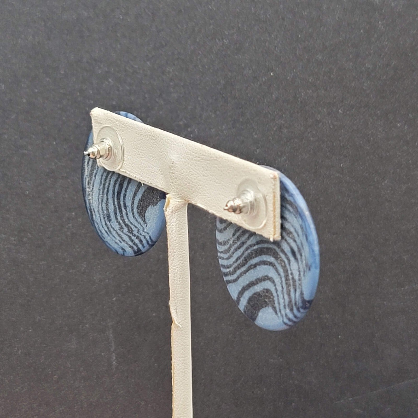 Vintage Pierced Earrings Blue Black Swirl Disc Drop 1.25"
