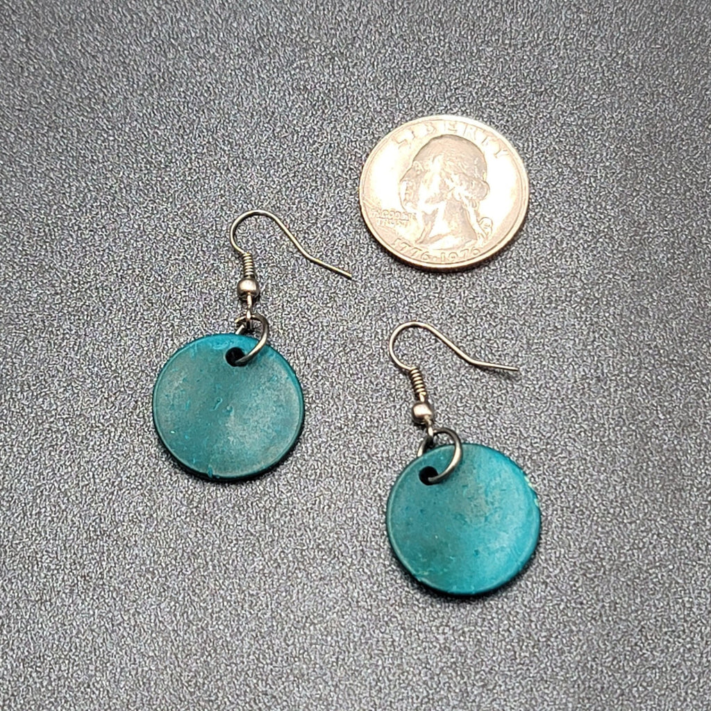 Pierced Earrings Teal Blue Coir Coconut Shell Round Dangle 3/4"