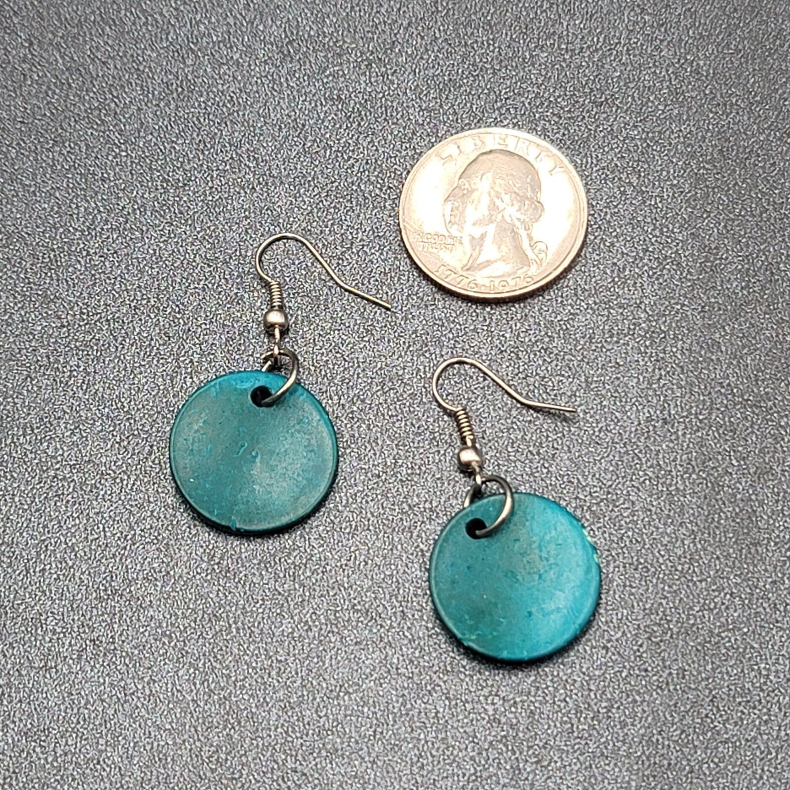 Pierced Earrings Teal Blue Coir Coconut Shell Round Dangle 3/4"