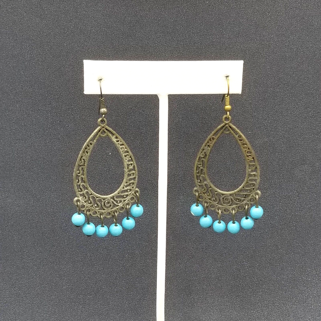 Pierced Earrings Bronze tone Chandelier Teardrop Blue Bead Dangle 2.25"