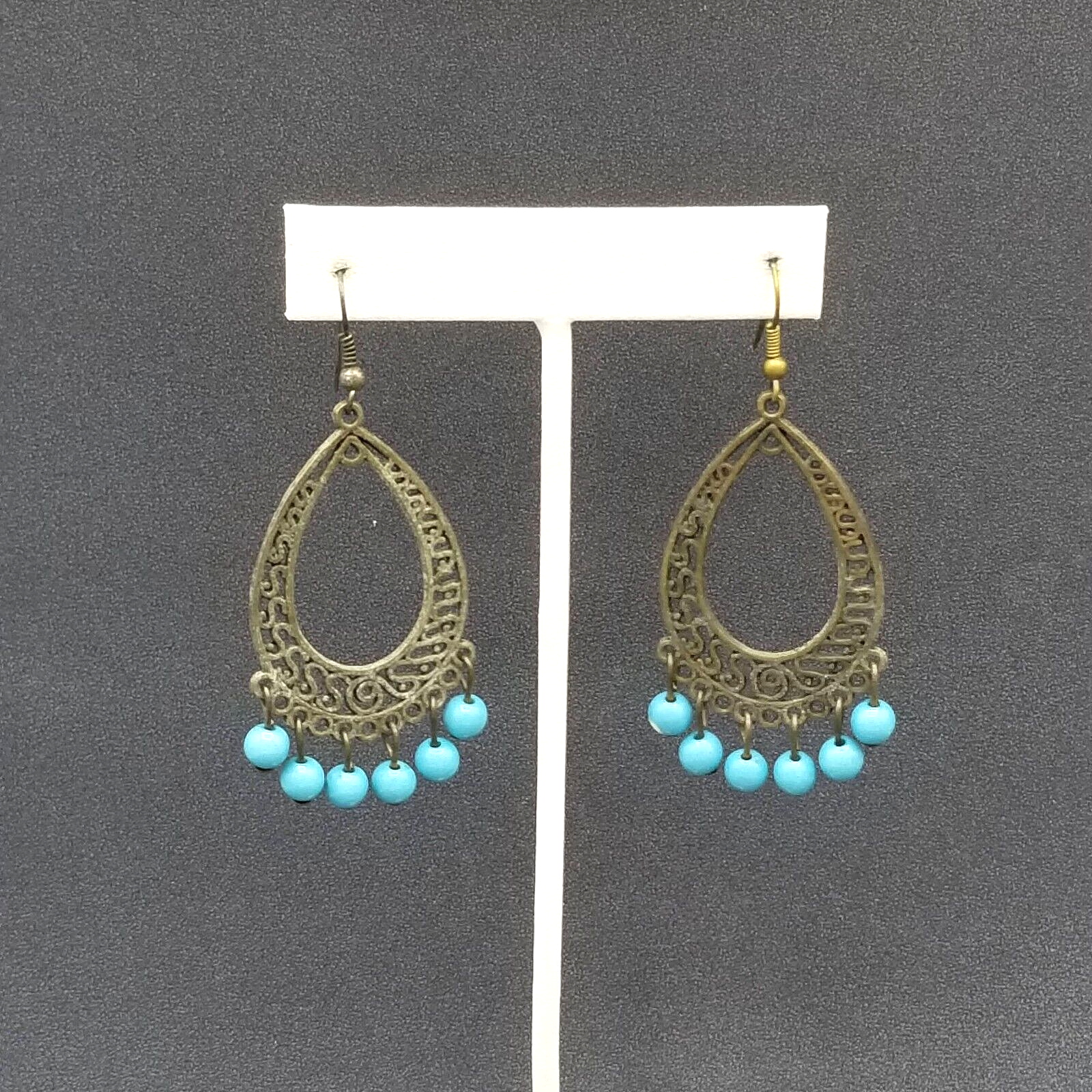 Pierced Earrings Bronze tone Chandelier Teardrop Blue Bead Dangle 2.25"