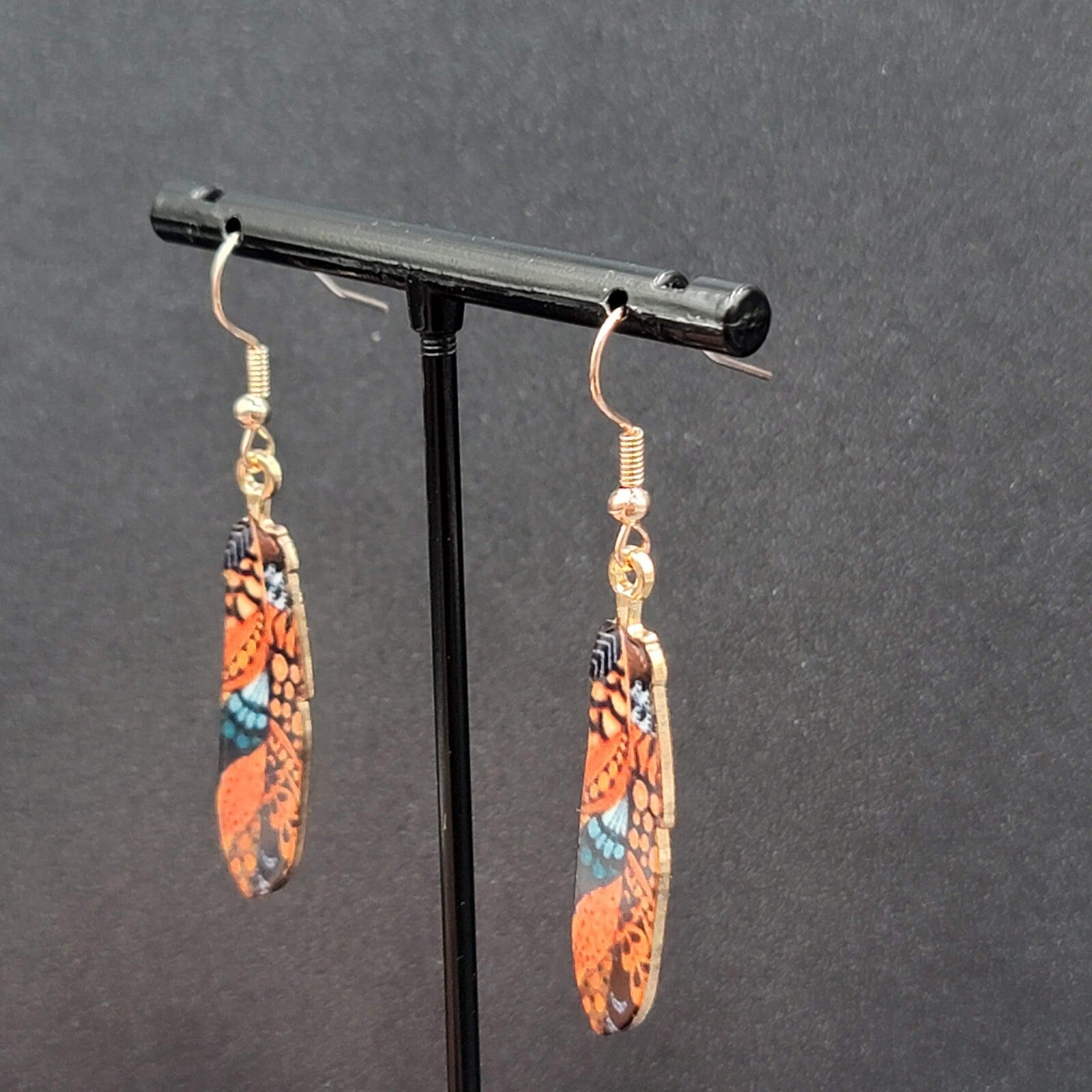 Metal Feather Pierced Earrings Ornage Blue Gold tone Dangle 1.5"