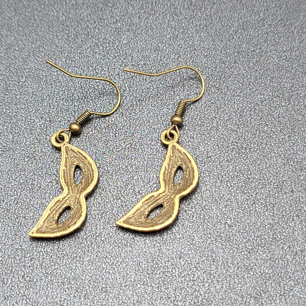 Masquerade Mask Pierced Earrings Bronze tone Metal Embossed Dots Dangle  1"