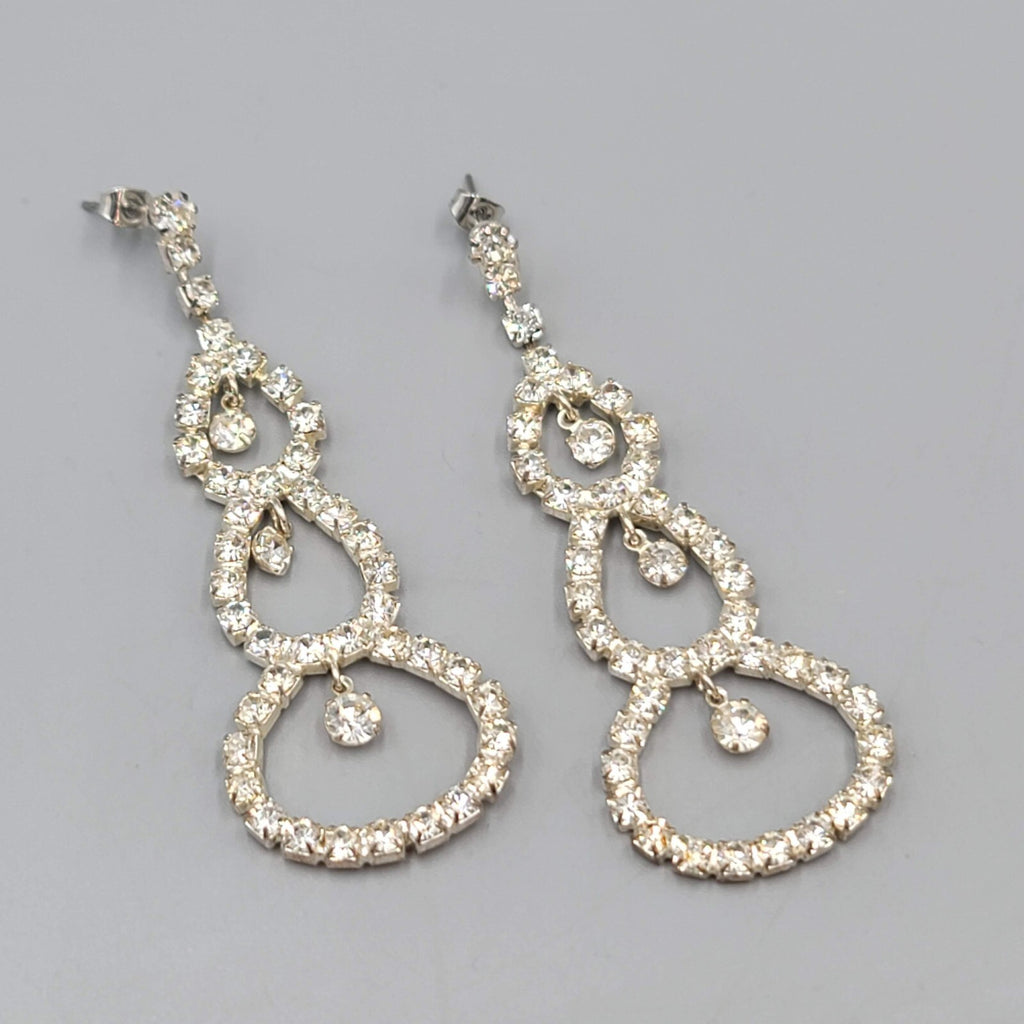 Long Rhinestone Pierced Earrings Silver tone Dangle Open Circles 2.75"