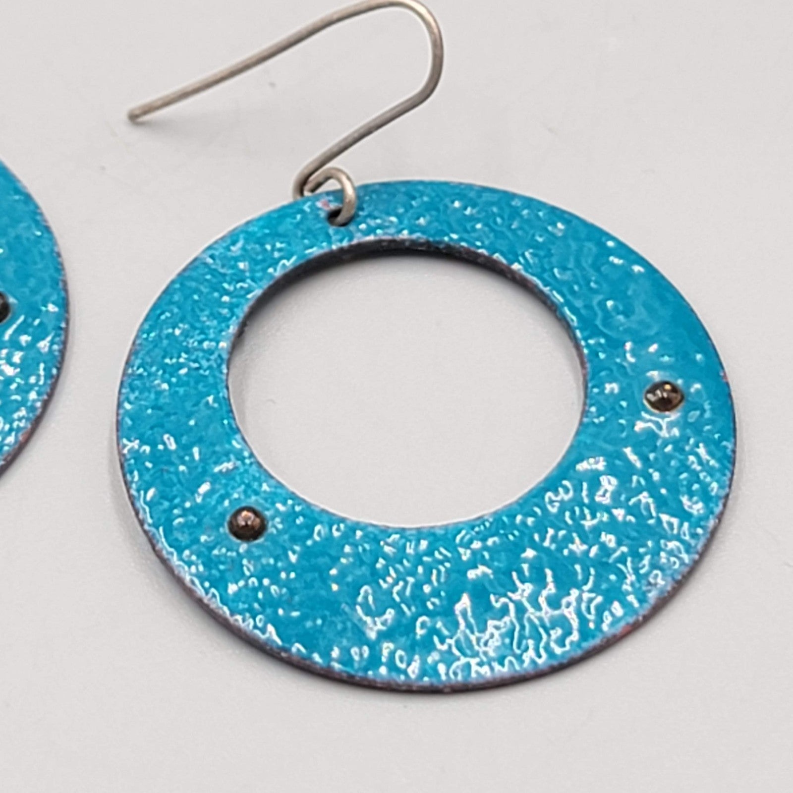 Artisan Vintage Blue Enamel Open Discs Pierced Earrings Round Dangle 1.5"