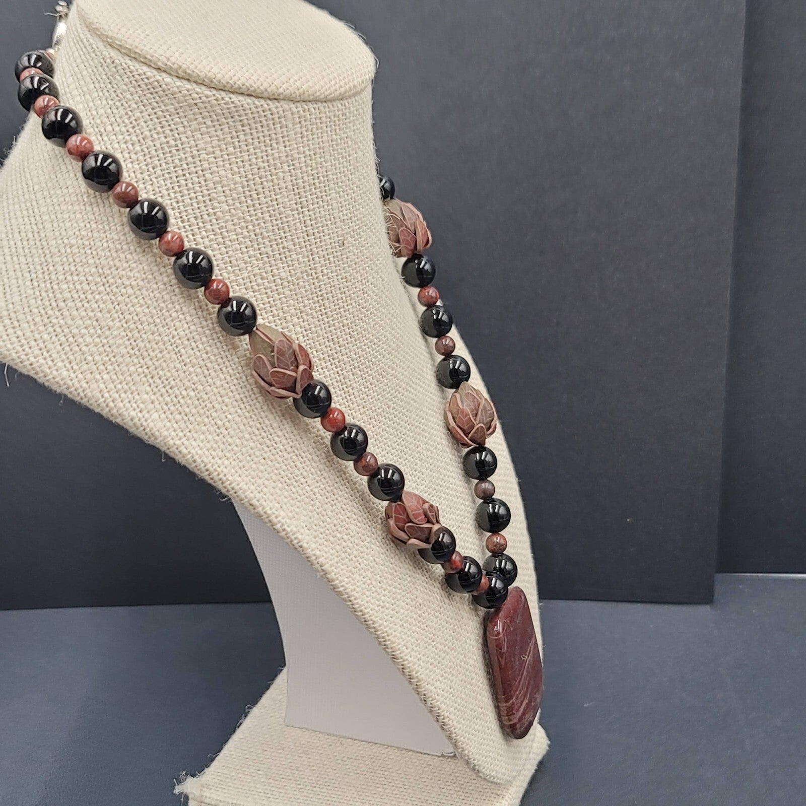 Brown Stone Pendant Necklace Black Glass Beads Toggle 18" Hand Carved Beads