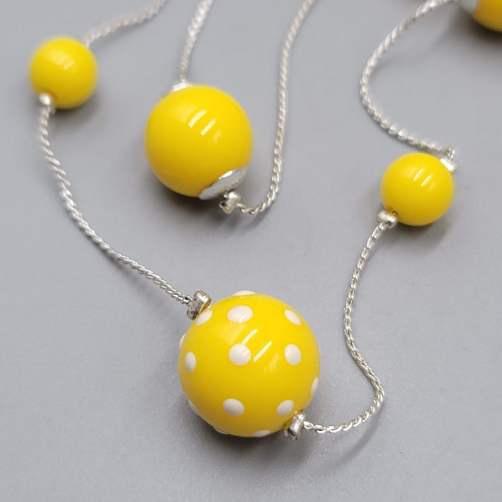 Yellow Bead Long Necklace Silver tone White Polka Dots 30" Double Strand Station