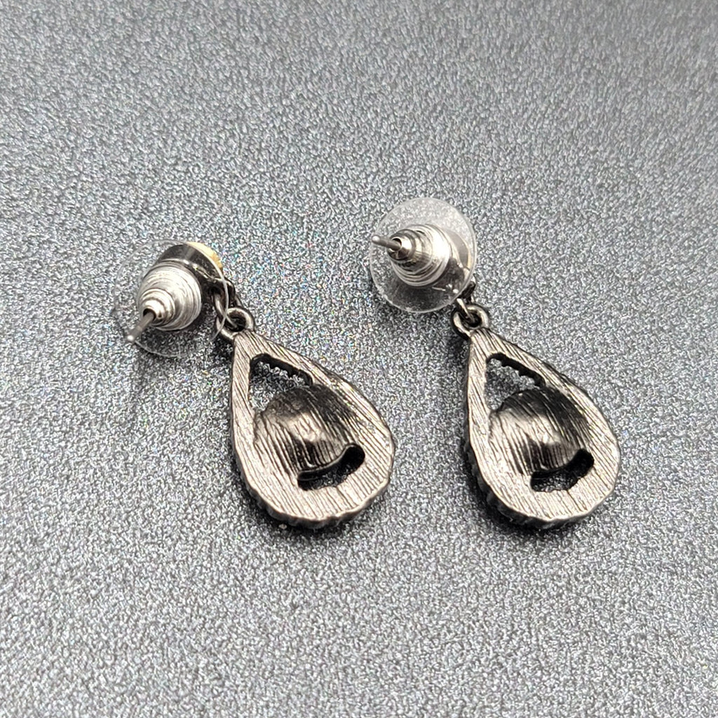 Pierced Earrings Black Metal Clear Rhinestone Teardrop Dangle 1.25"
