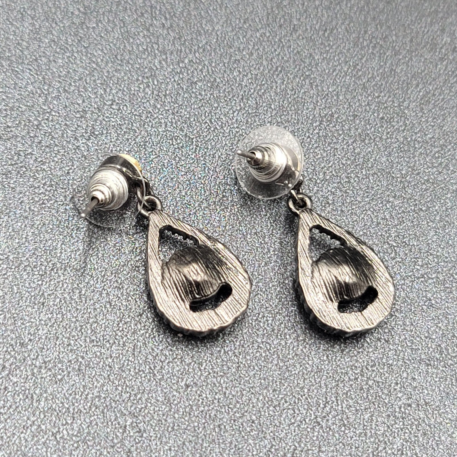 Pierced Earrings Black Metal Clear Rhinestone Teardrop Dangle 1.25"