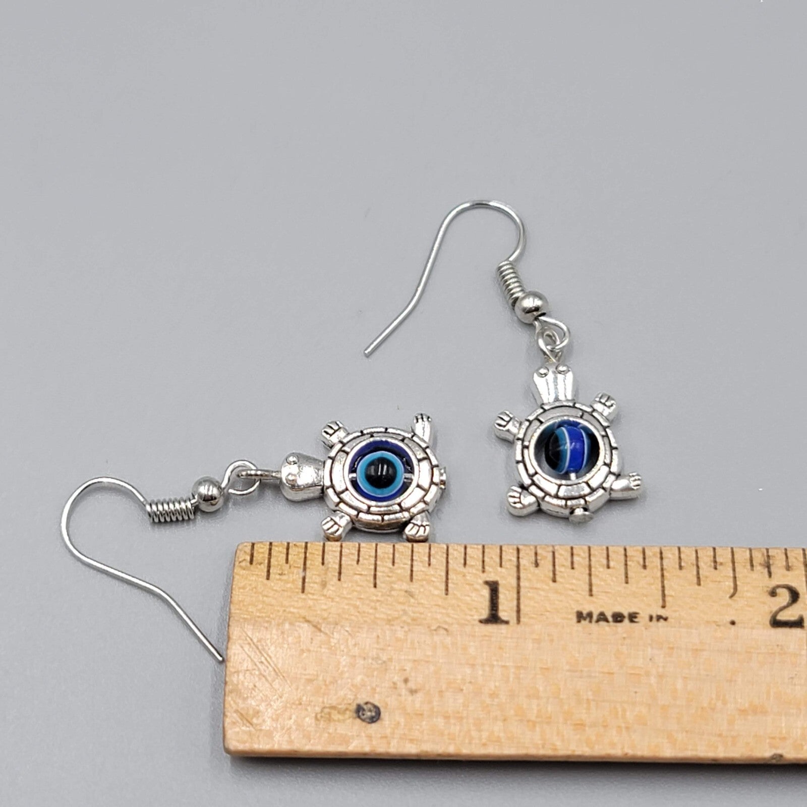 Turtle Evil Eye Pierced Earrings Silver tone Blue Bead Dangle 3/4"