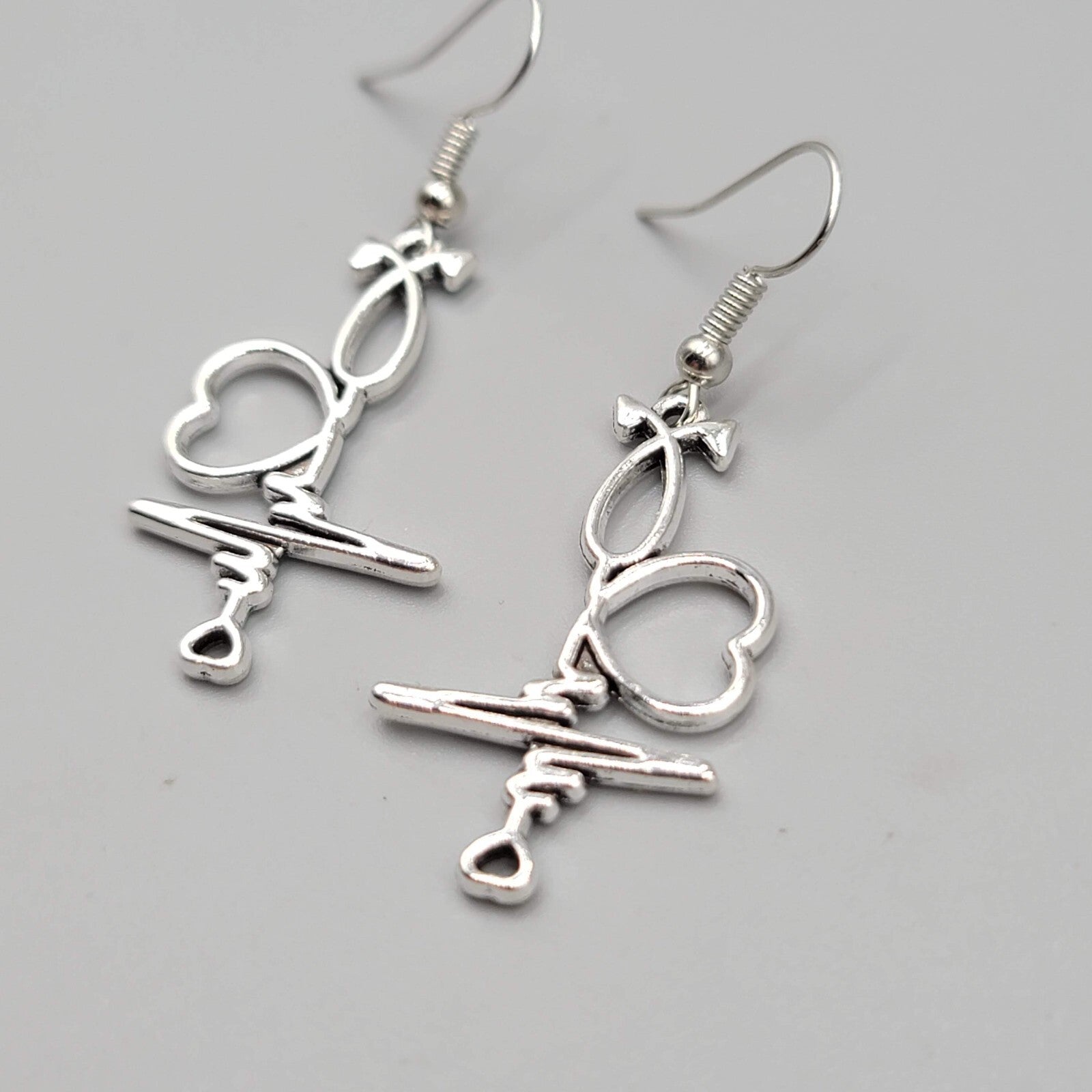 Medical Nurse Pierced Earrings Heart EKG ECG Silver tone Dangle 1.25"