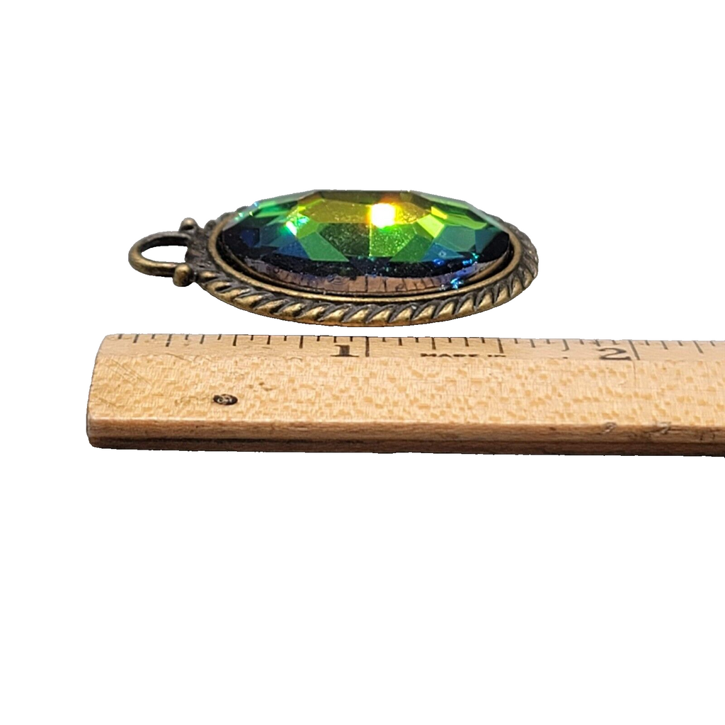 Rainbow Faceted Glass Pendant Bronze tone  1.5"