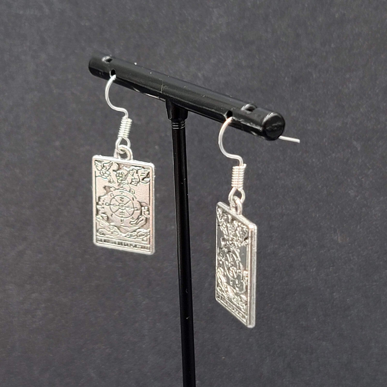 La Rueda de la Fortuna Tarot Card Pierced Earrings Silver tone 1"