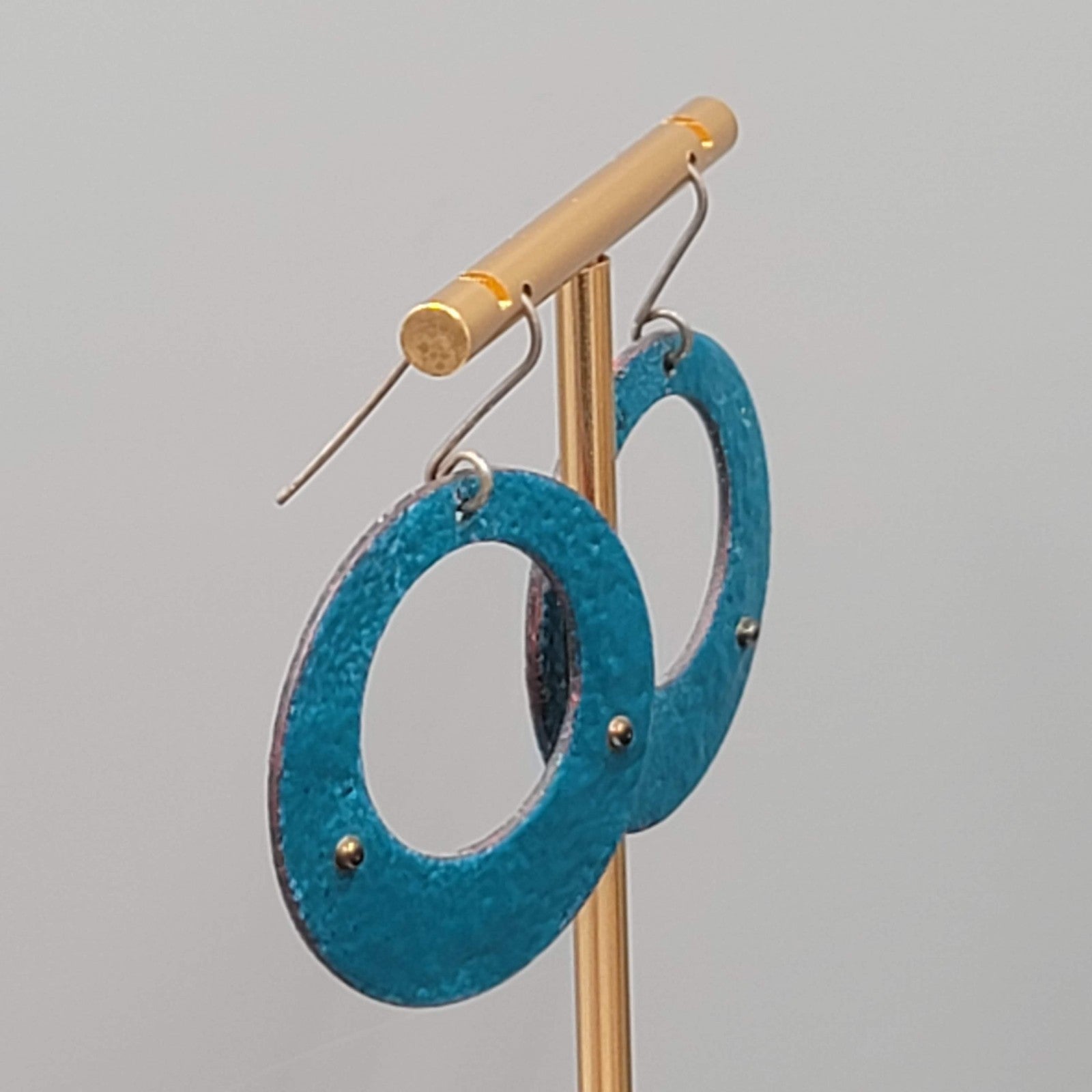 Artisan Vintage Blue Enamel Open Discs Pierced Earrings Round Dangle 1.5"