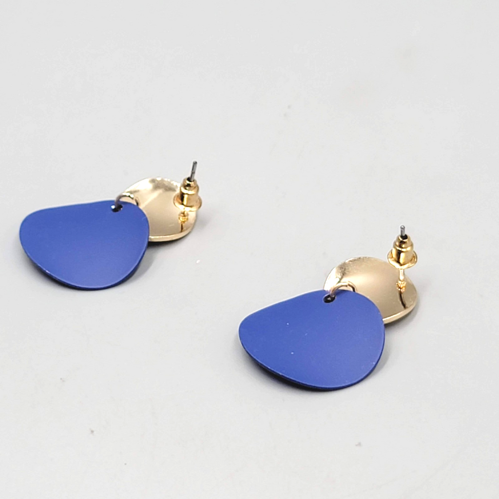 Pierced Earrings Gold toen Dangle Matte Blue Enamel 1.25"
