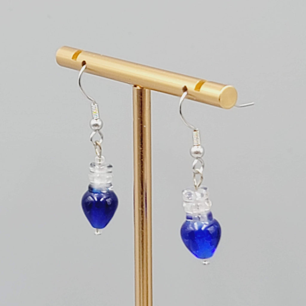 Blue Glass Bead Pierced Earrings Dangle Silver Tone