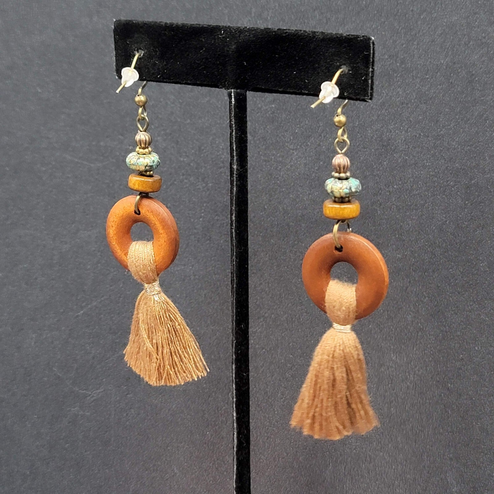 New Boho Pierced Earrings Bronze tone Wood Ring Tassel Dangle 2.25"