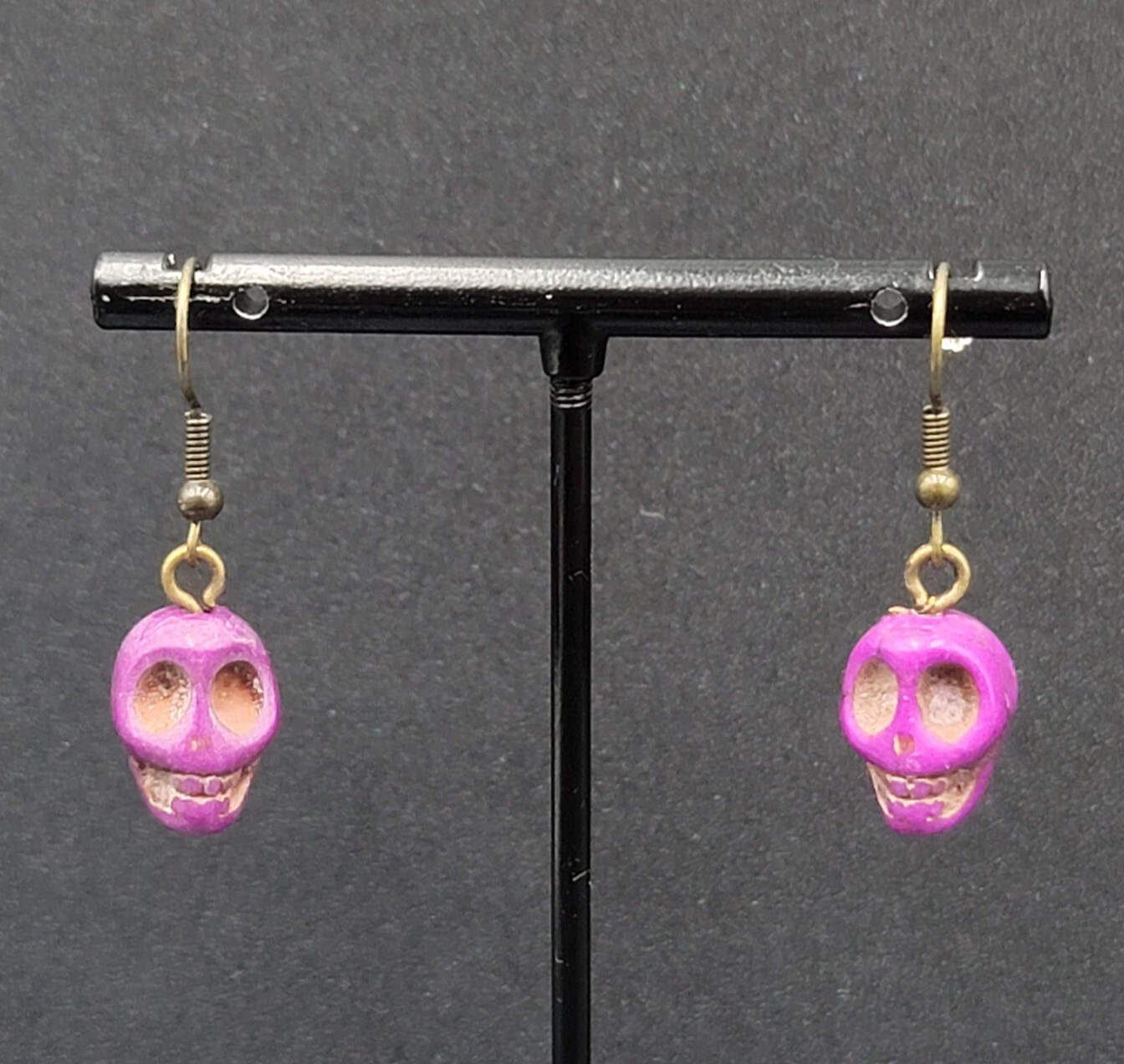 Skull Pierced Earrings Purple Howlite Stone Bead Dangle 3/4"