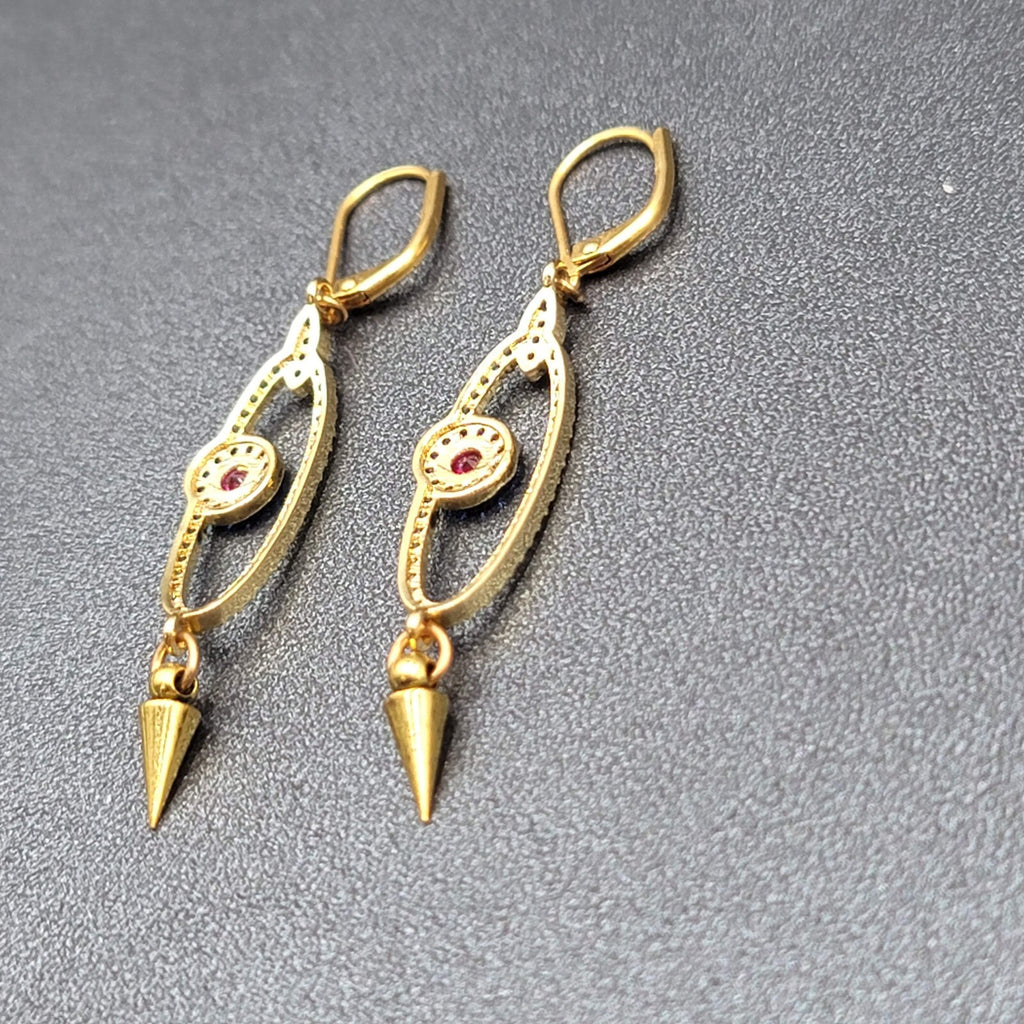 Pierced Earrings Gold tone Blue Pink Crystals Evil Eye Dangle 1 5/8"