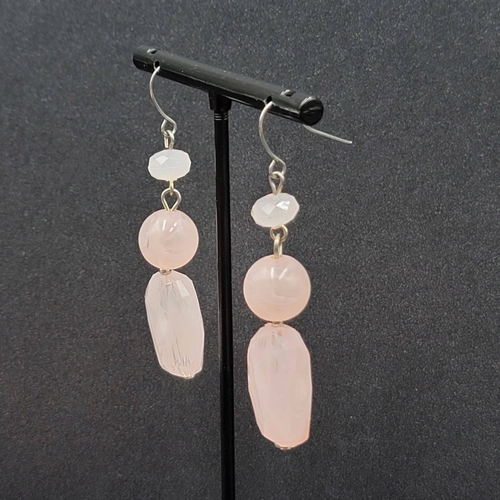 Pierced Earrings Silver tone Acrylic Marbled Pink Beads Dangle 2"
