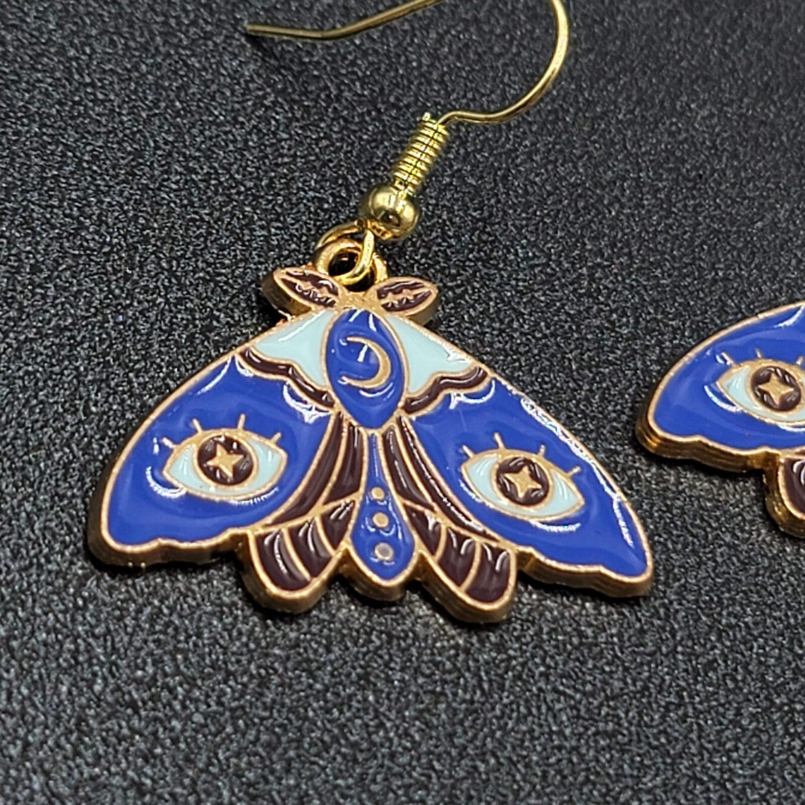 Evil Eye Moth Pierced Earrings Gold tone Blue Enamel Dangle 3/4"