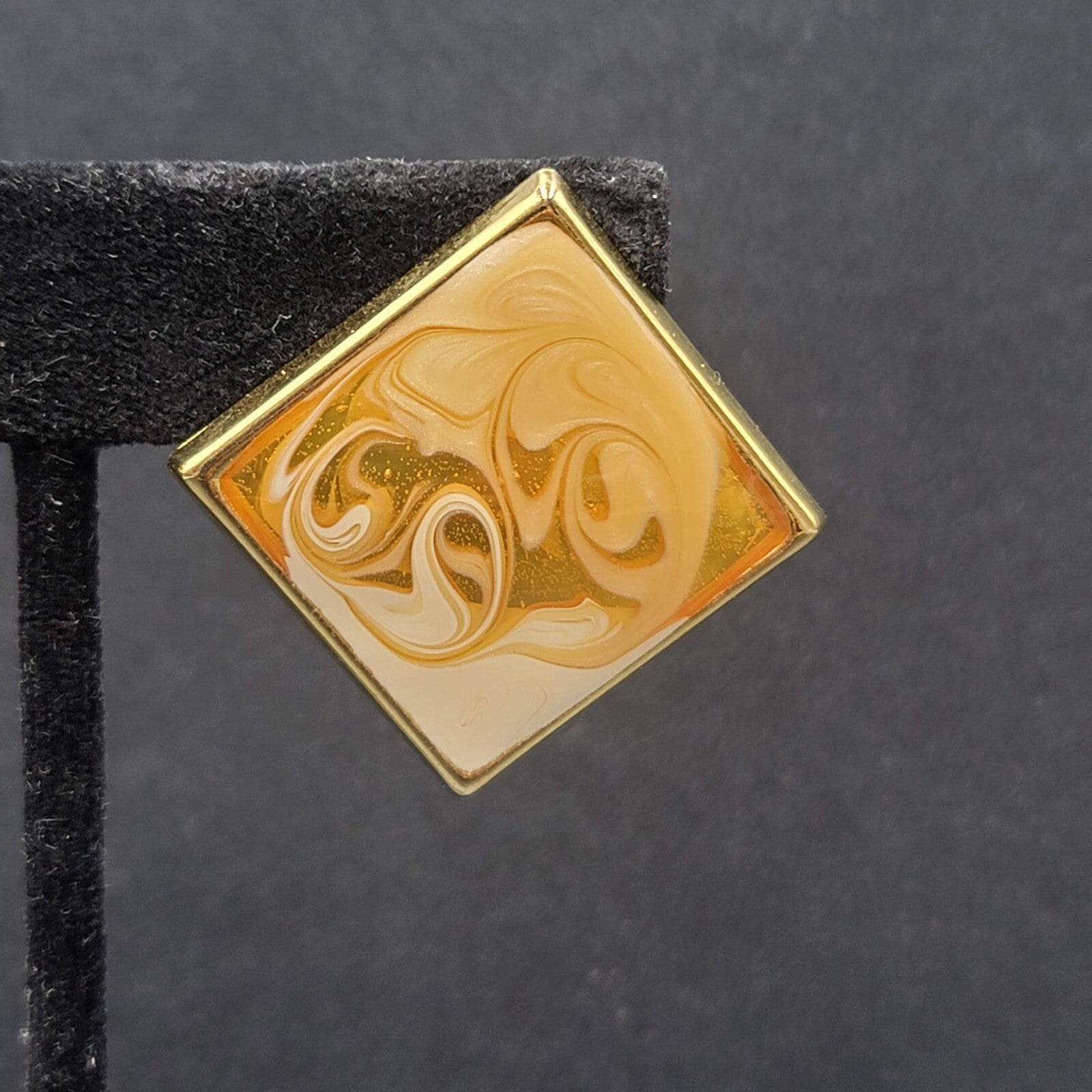 Vintage Pierced Earrings Gold tone Swirl White Gold Enamel Square Drop 1 3/8"