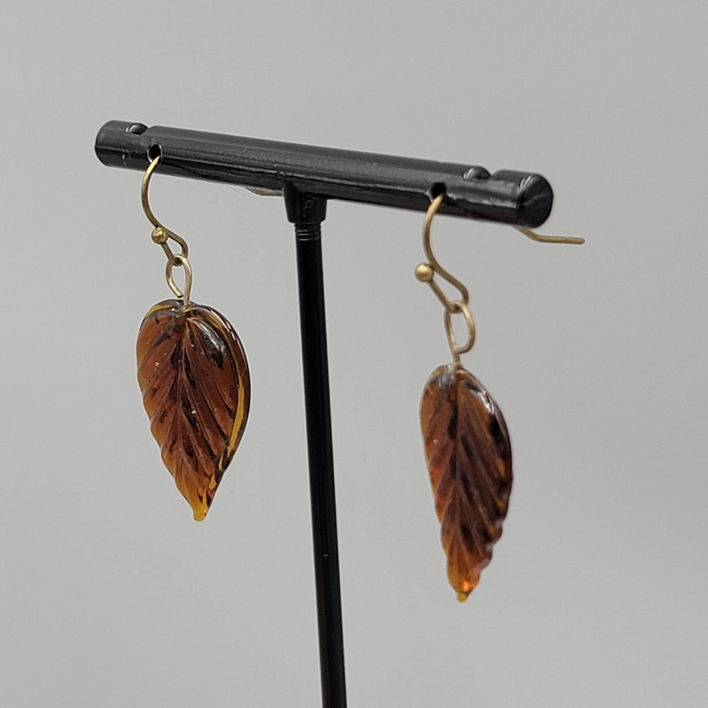 Pierced Earrings Brown Glass Leaf Dangle Bronze tone 1"