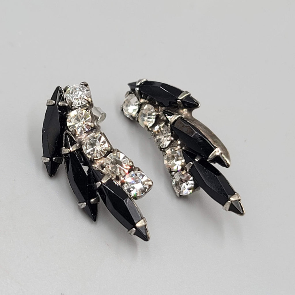 Vintage Black Clear Rhinestone Pierced Earrings Drop 1.25"