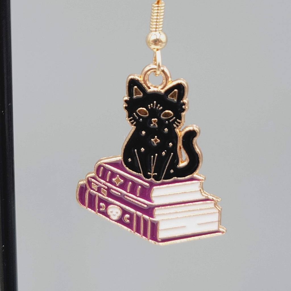 Black Cat Purple Books Pierced Earrings Enamel Gold tone Dangle New 1"