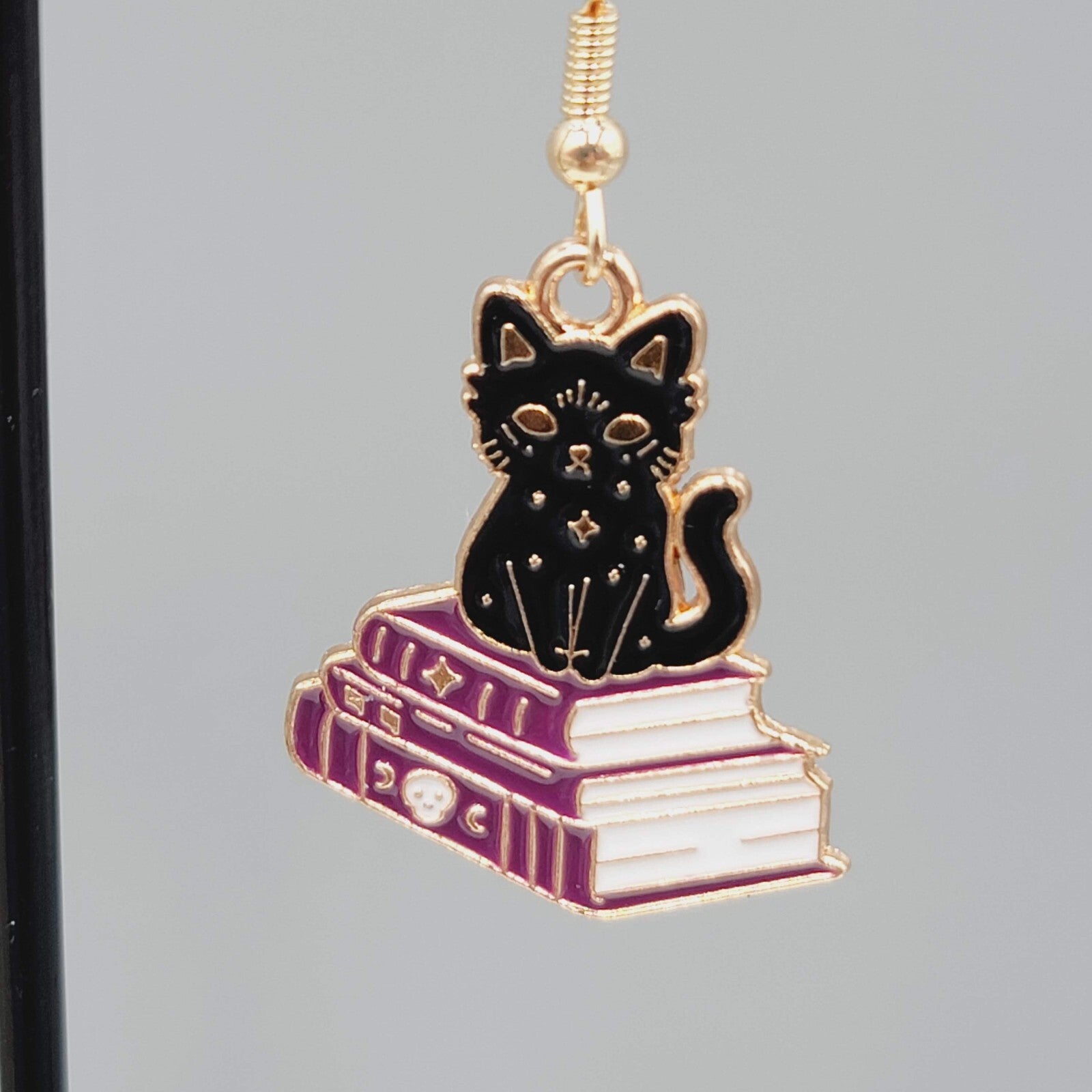 Black Cat Purple Books Pierced Earrings Enamel Gold tone Dangle New 1"