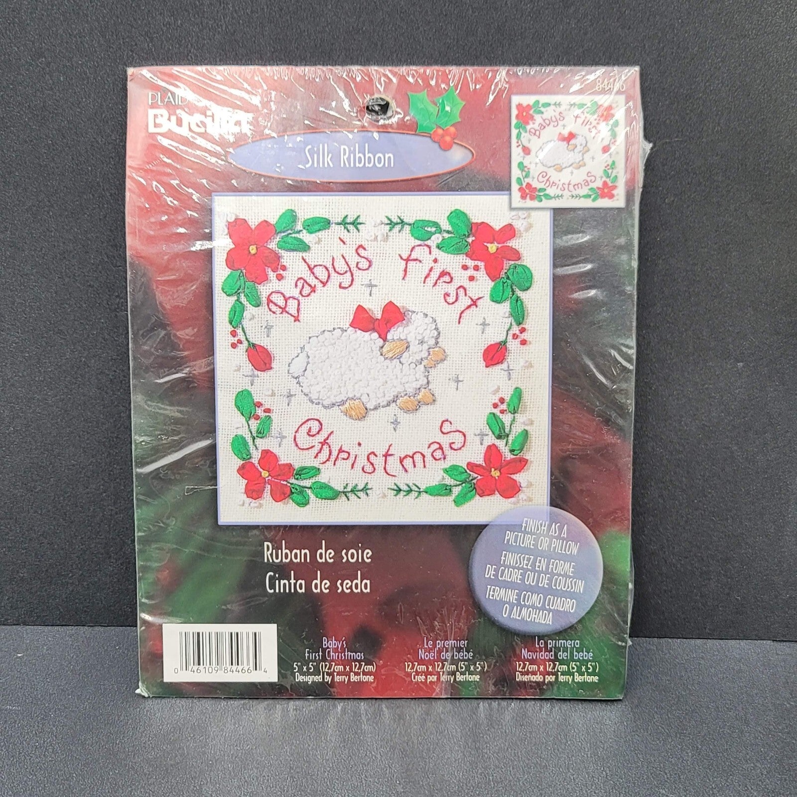 Babys First Christmas Lamb Silk Ribbon Kit Bucilla 5x5