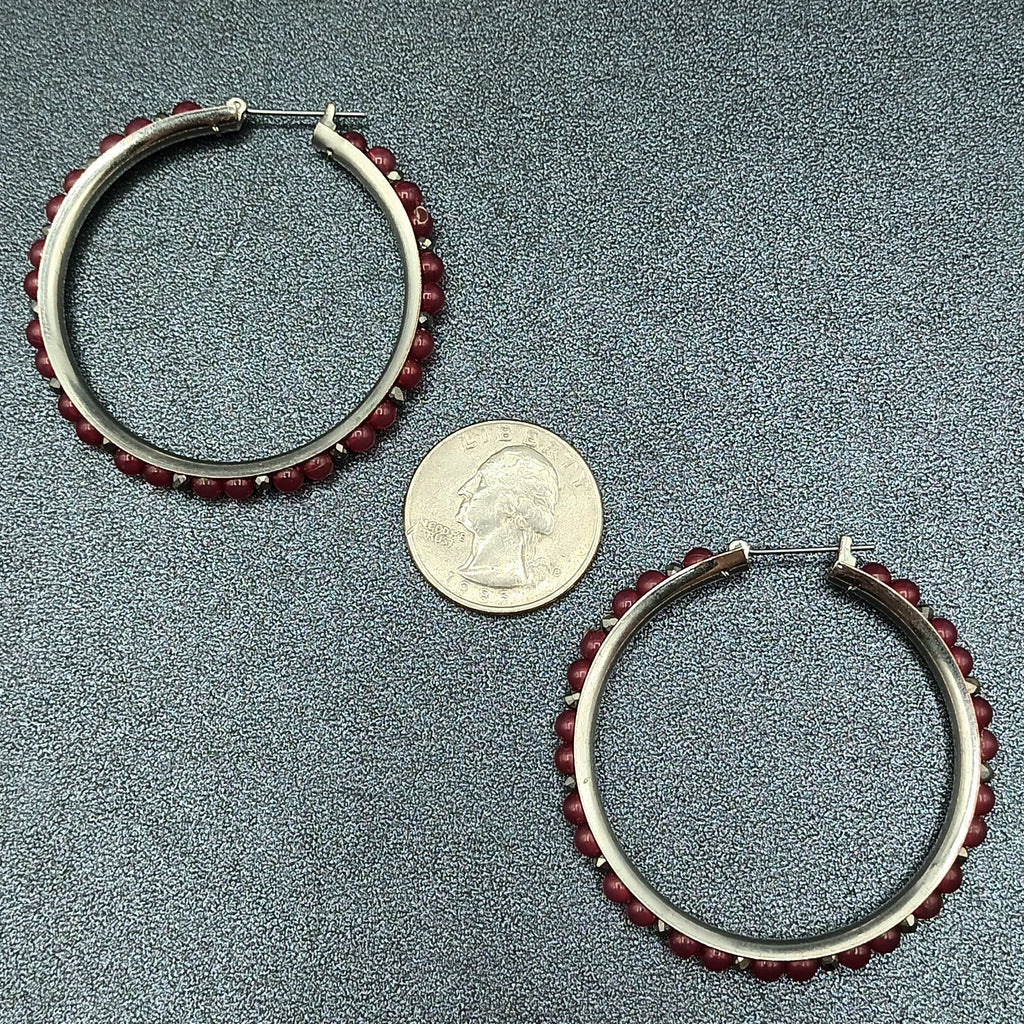 Pierced Earrings Silver tone Red Bead Statement Snap Hoops 2"