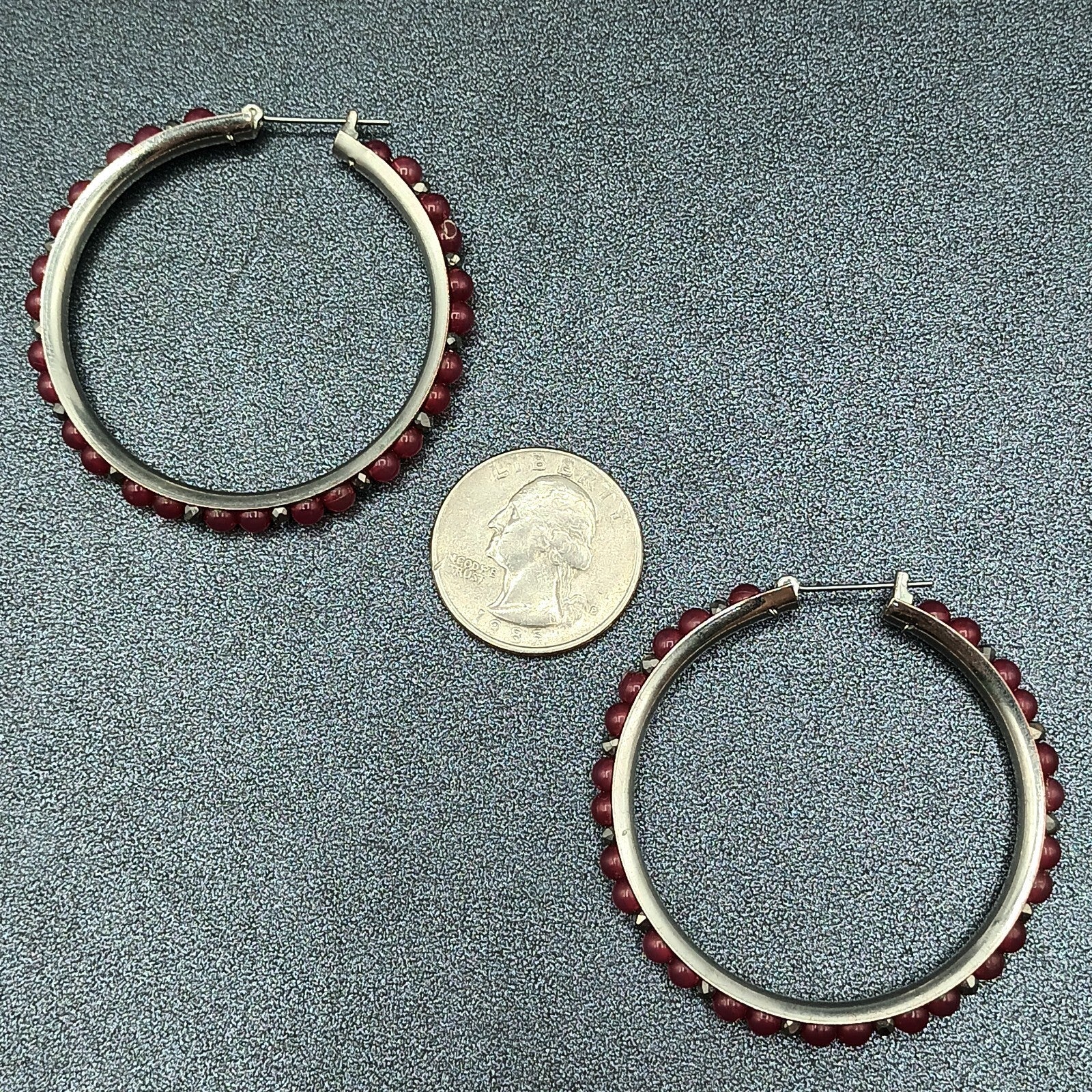 Pierced Earrings Silver tone Red Bead Statement Snap Hoops 2"