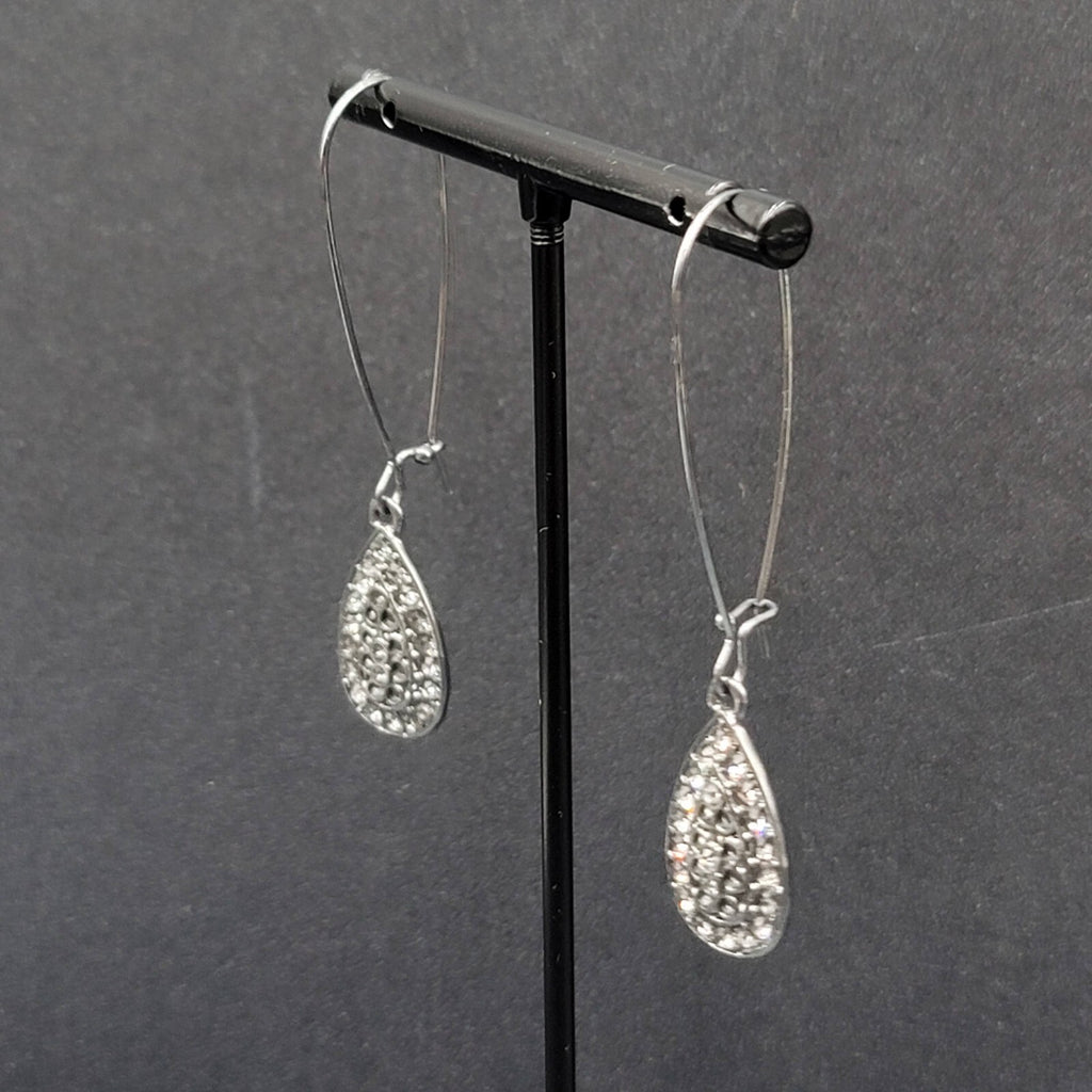 Pierced Earrings Gun Metal Gray Rhinestone Teardrop Sparkly! 2.25"