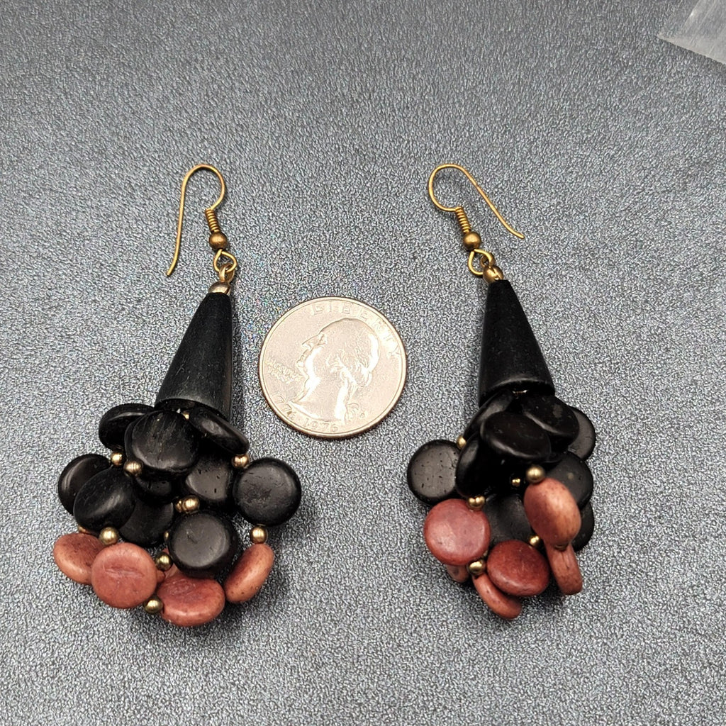 Vtg Pierced Earrings Black and Brown Wood Cluster Beads Statement Dangle  2.5"