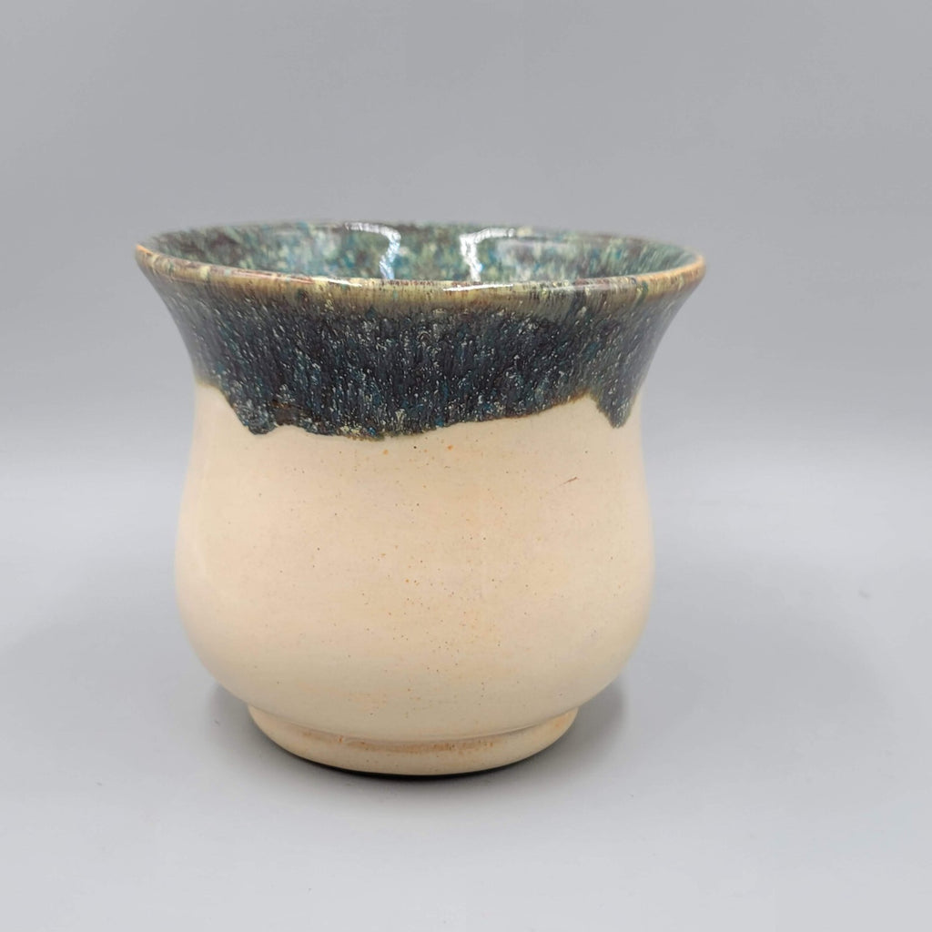 Art Pottery Coffee Mug Artist Signed CR Large Drop Glaze Green Tan