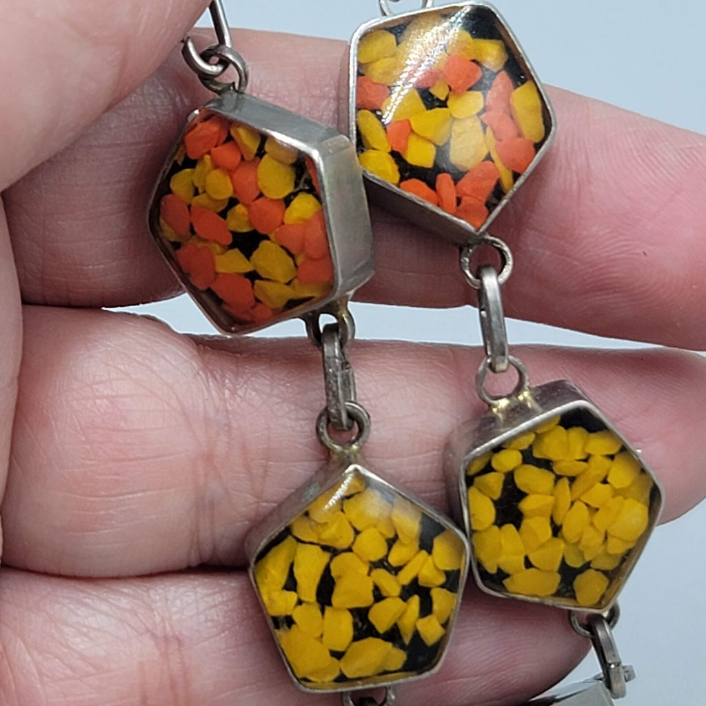 Confetti Resin Lucite Panel Bracelet Silver tone Orange Yellow 6.5"