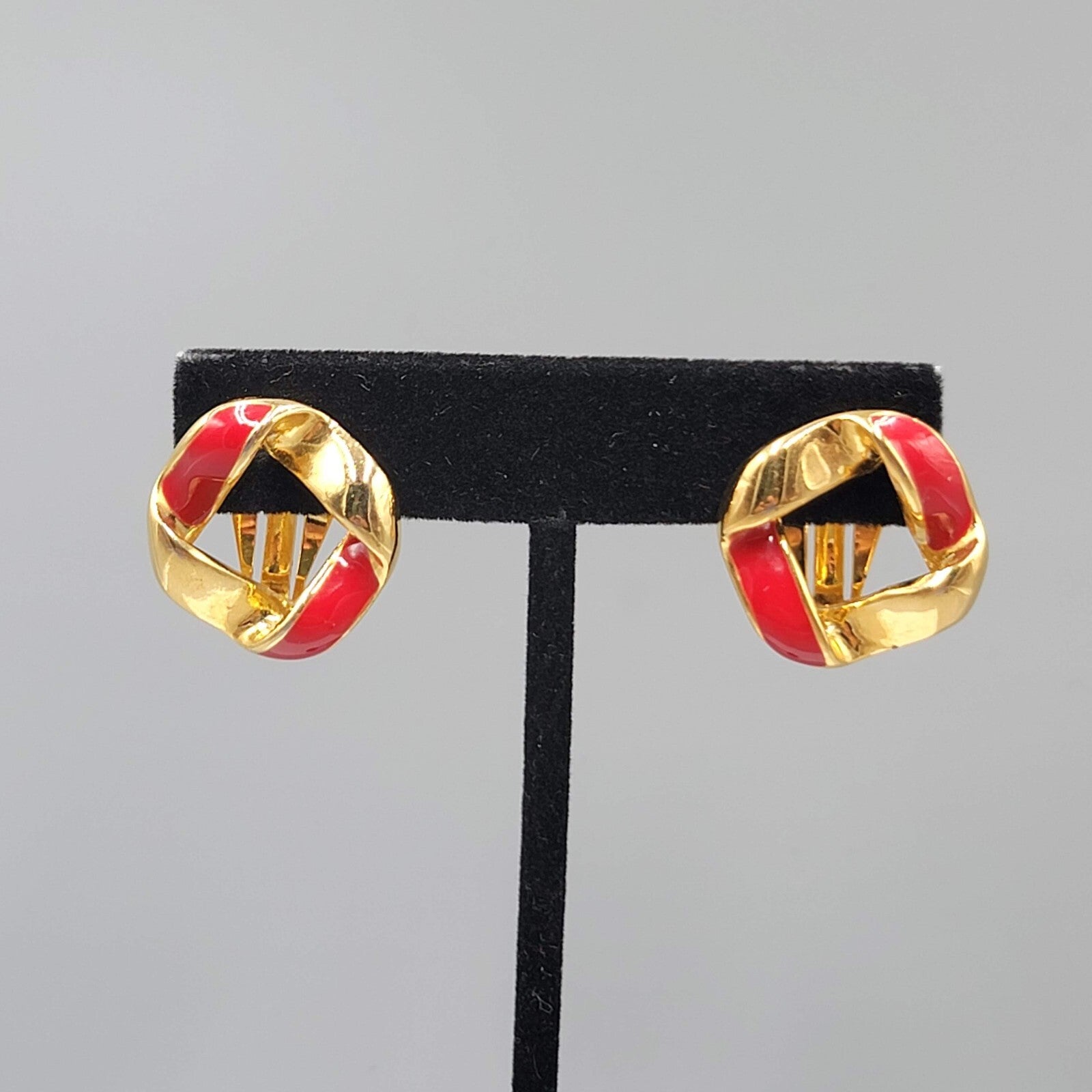 Vintage Clip on Earrings Red Enamel Gold tone Open Center 7/8"
