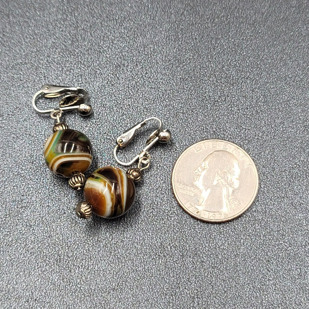 Clip on Earrings Silver tone Slag Glass Marble Bead Dangle 1"