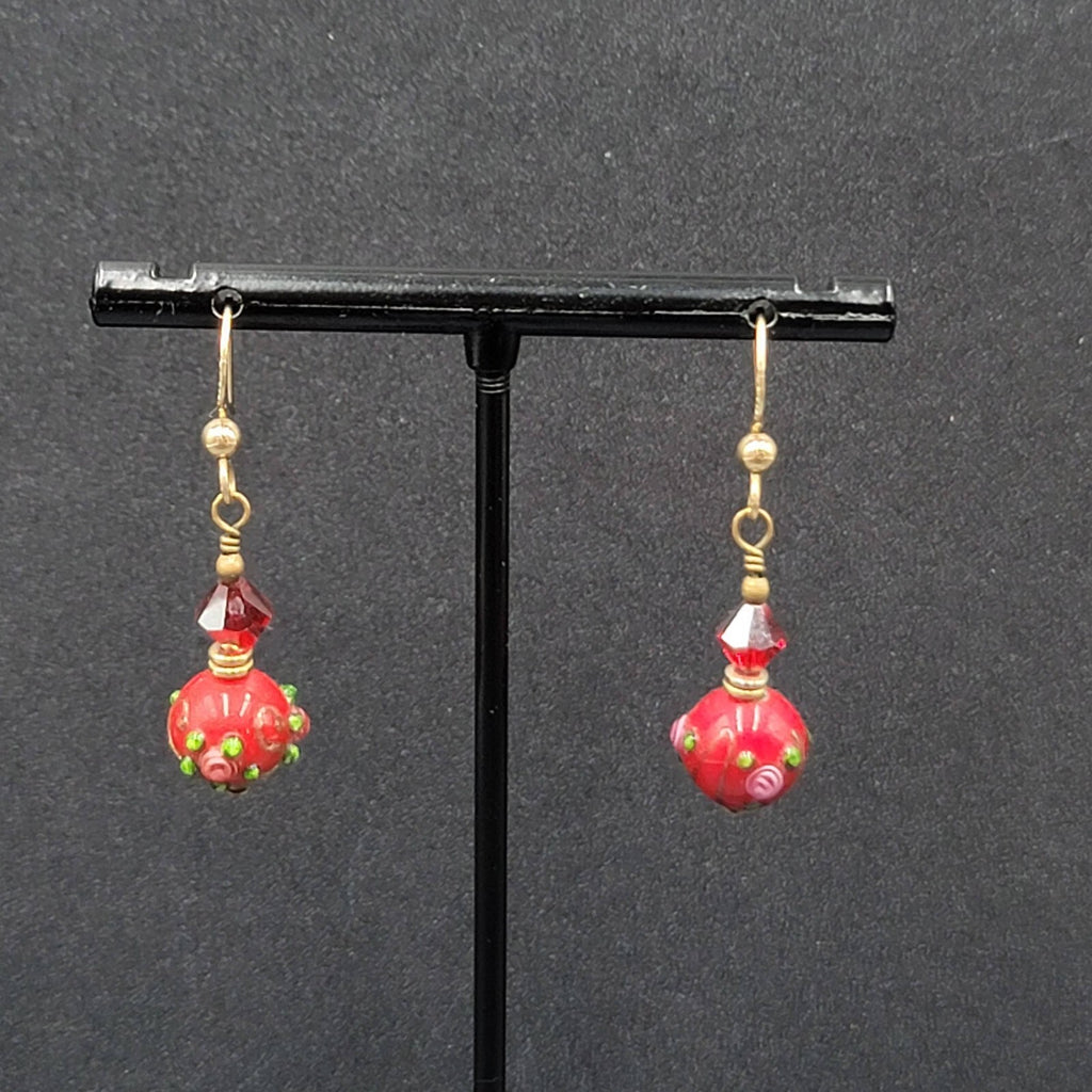 Gold Filled Pierced Earrings Red Glass Wedding Cake Bead Flowers 1"