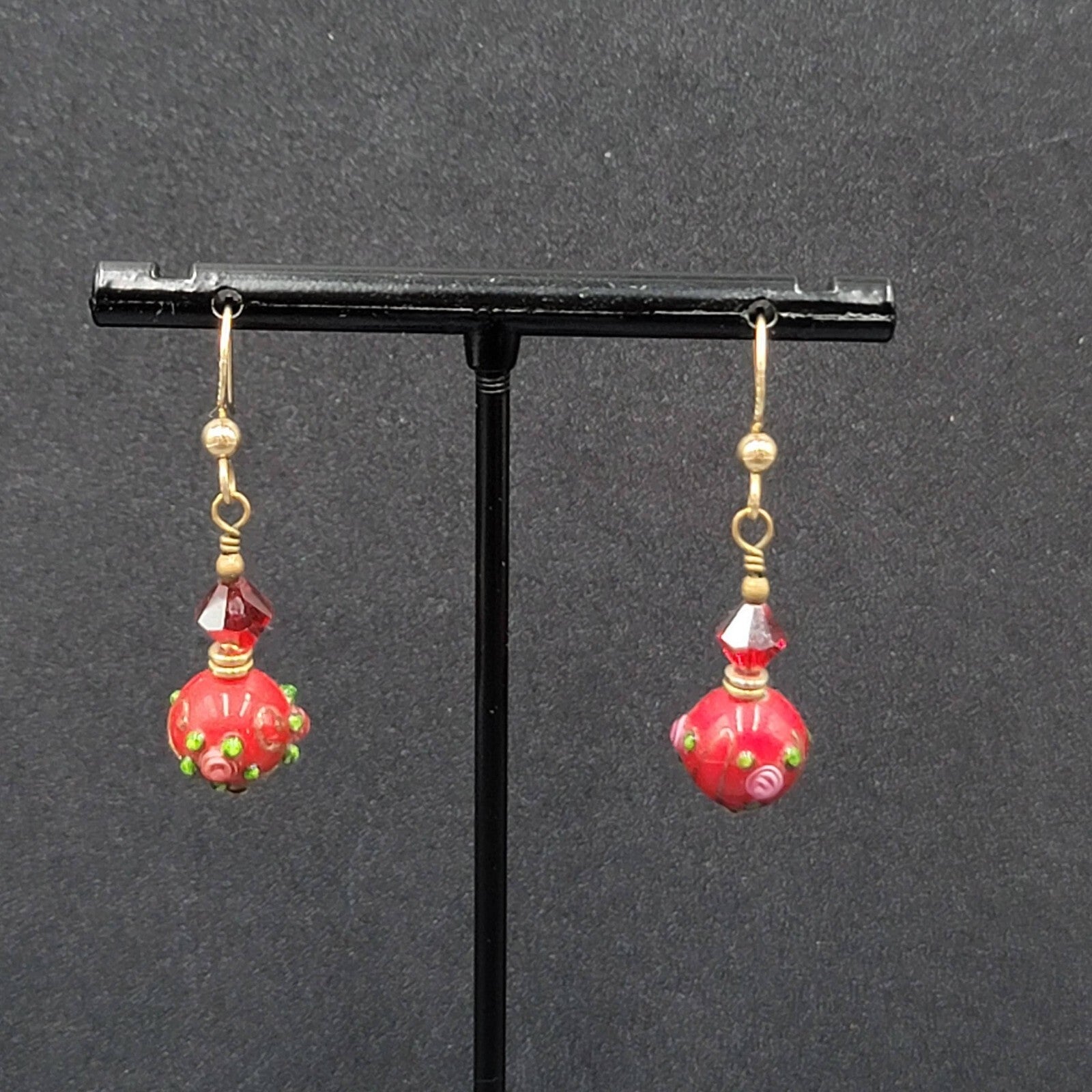 Gold Filled Pierced Earrings Red Glass Wedding Cake Bead Flowers 1"