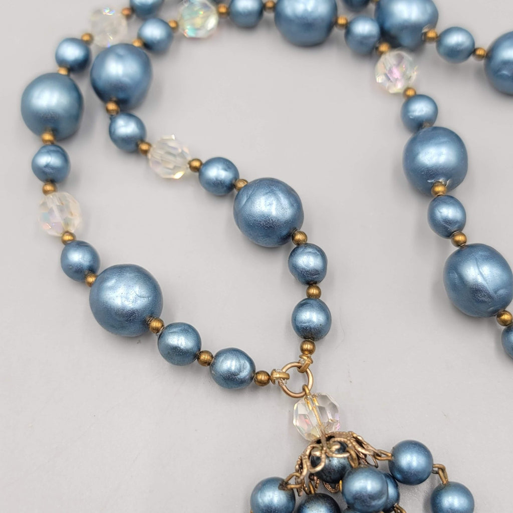 Vintage Faux Pearl Bead Necklace 24" Crystal Aurora Borealis Dangle Gold Tone
