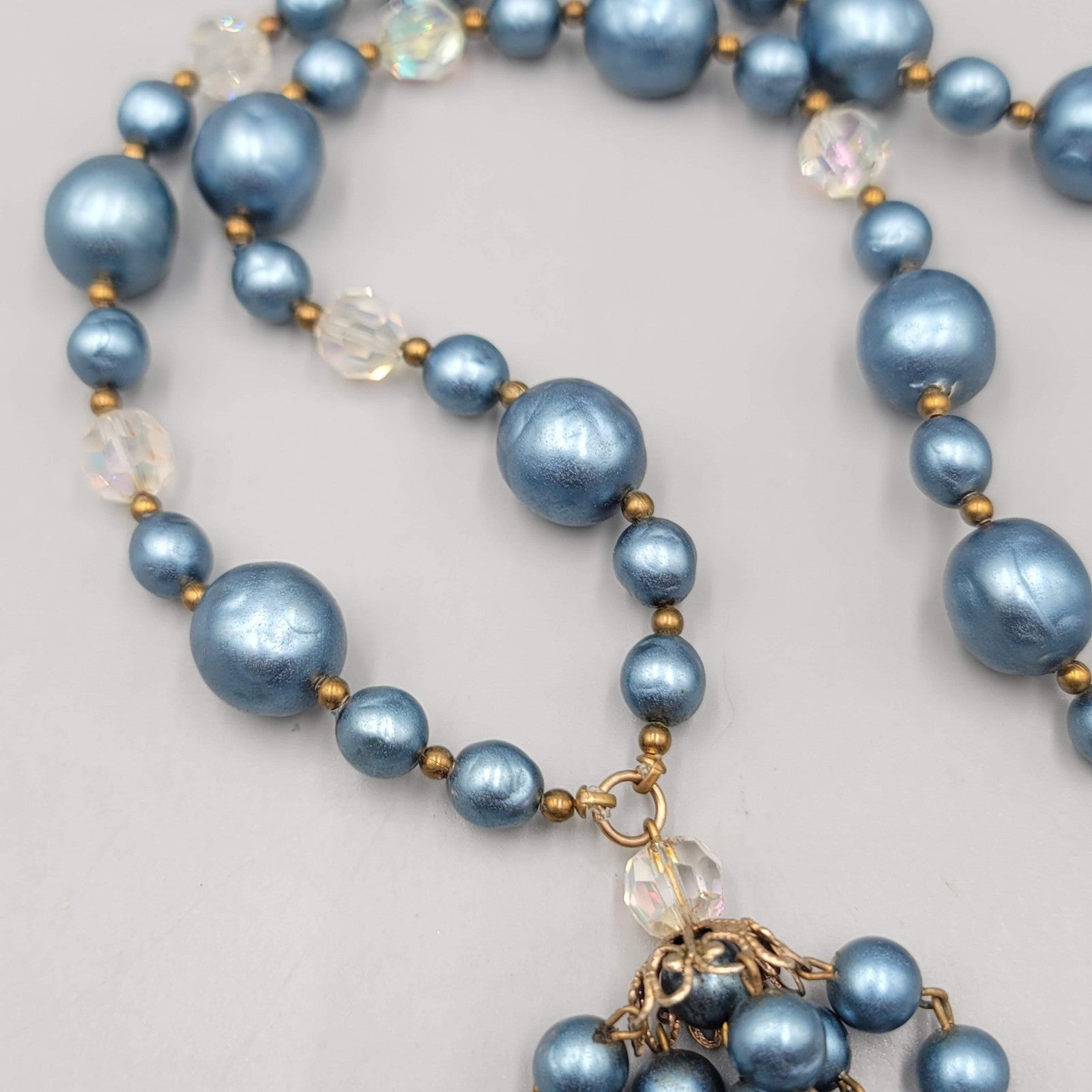 Vintage Faux Pearl Bead Necklace 24" Crystal Aurora Borealis Dangle Gold Tone
