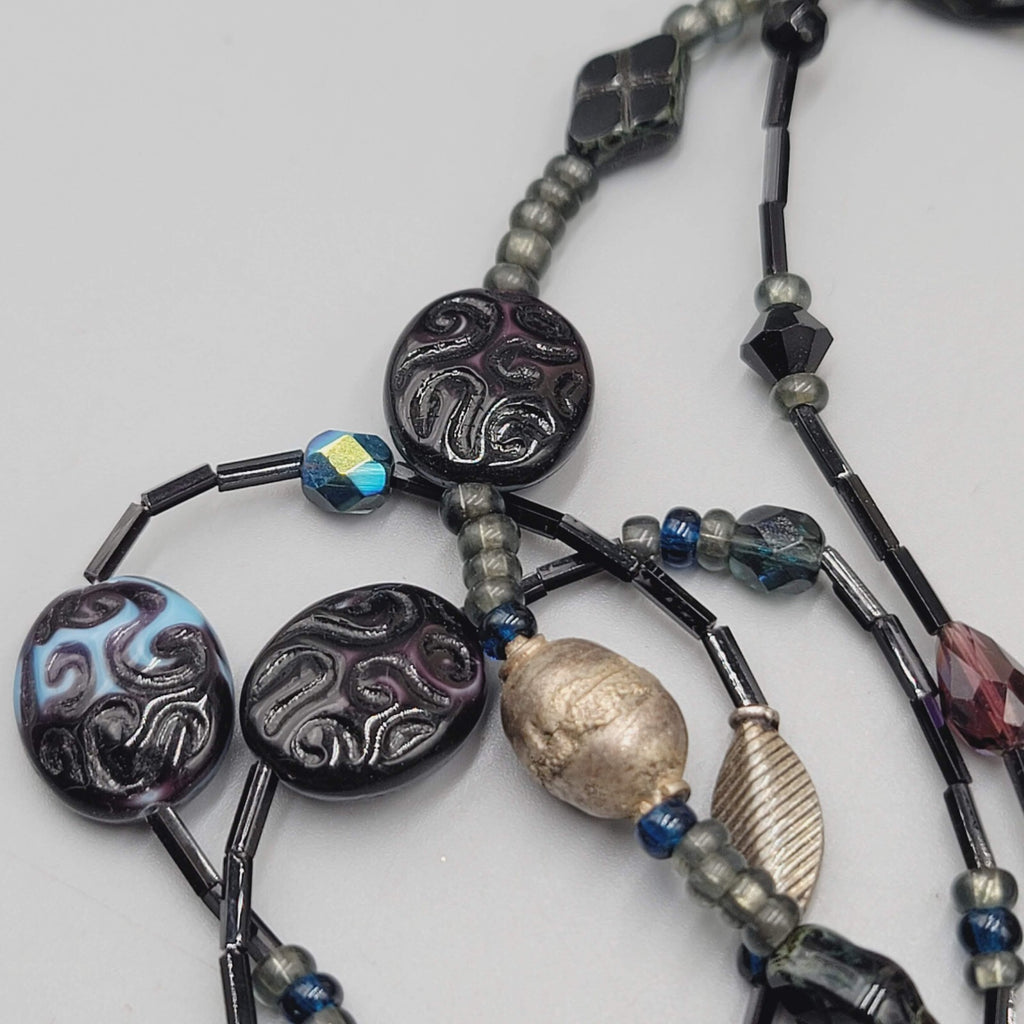 Black Glass Bead Necklace Silver tone LONG Hook Clasp 48"