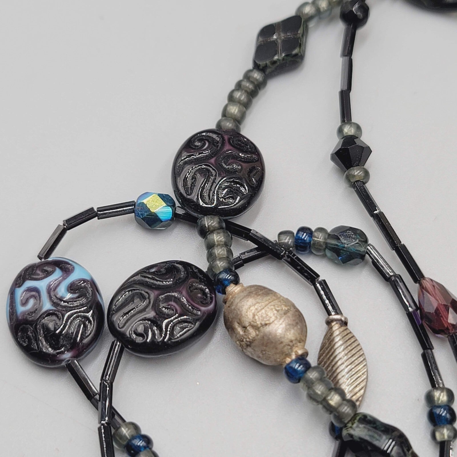 Black Glass Bead Necklace Silver tone LONG Hook Clasp 48"