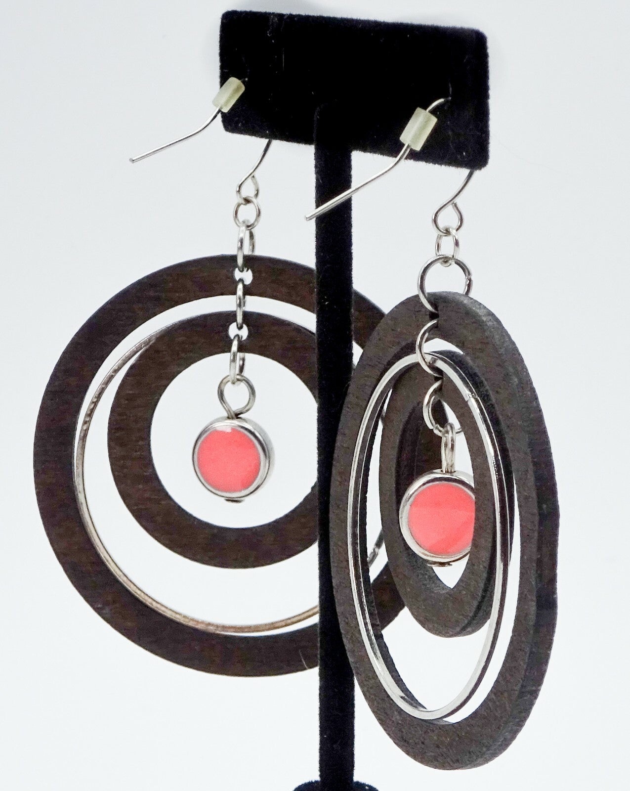 Large Wooden Spinner Circles Pierced Earrings 2" Silver tone Pink Enamel 