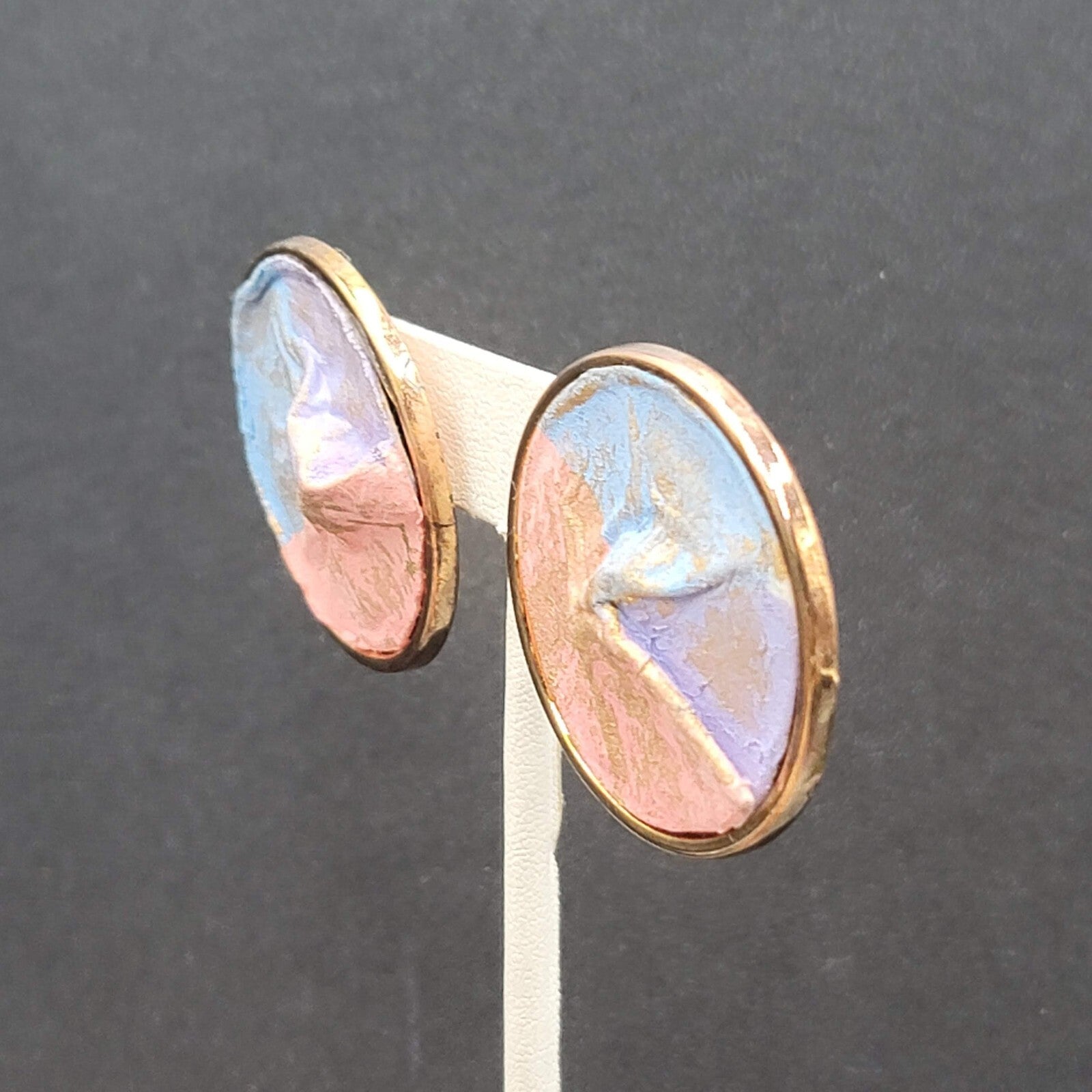 Vintage Pierced Earrings Gold tone Pink Purple Pastel Disc  1.5"