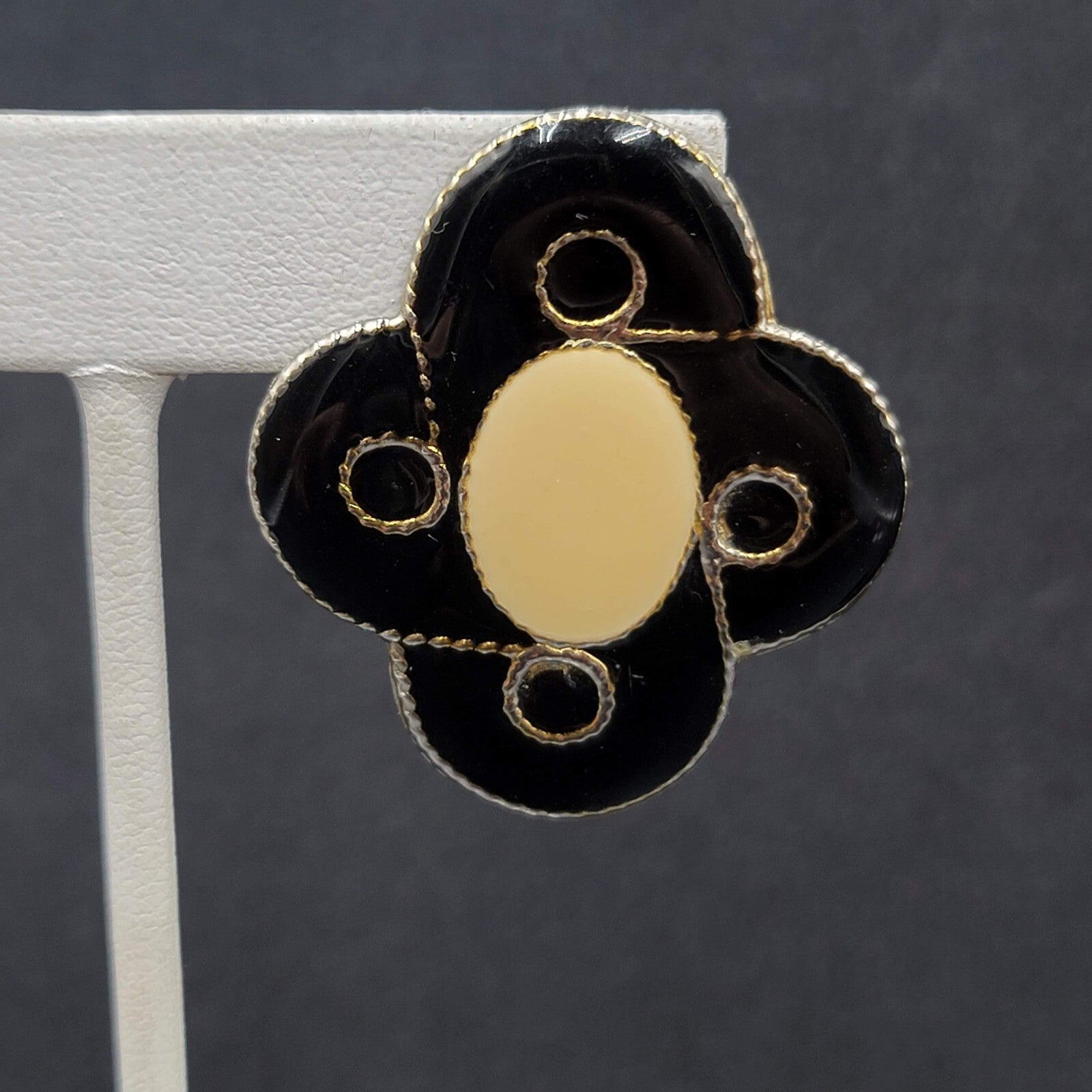 Vintage Pierced Earrings Black Cream Enamel Large Statement 1.5"